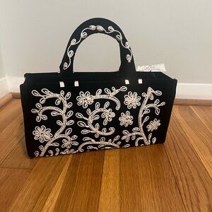Zara Embroidered Black Handbag with White Floral Detailing